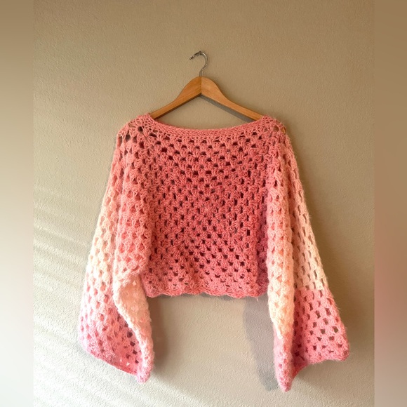 Sweaters - Handmade Crochet Pink Ombre Granny Square Fuzzy Sweater Size S/M